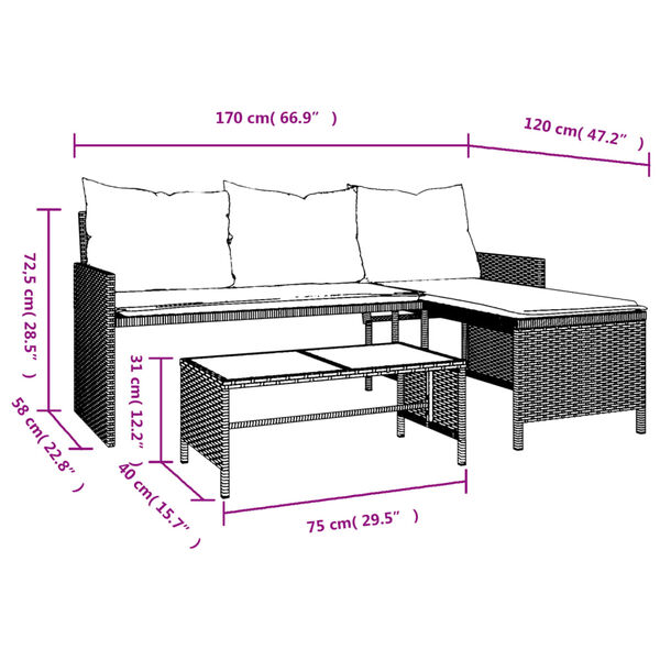 vidaXL Canapé de jardin avec table et coussins en forme de L gris